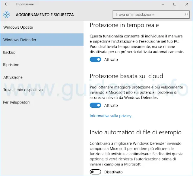 Windows Defender impostazioni in Windows 10
