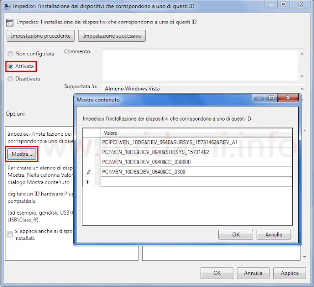 Windows Editor Criteri di gruppo locali indicare ID hardware dispositivi da impedire aggiornamento hardware