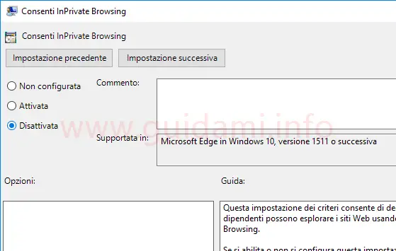 Windows Editor criteri di gruppo locali impostazione per disattivare InPrivate Microsoft Edge