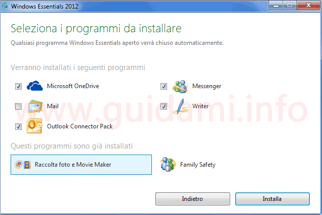 Windows Essential 2012 seleziona programmi da installare
