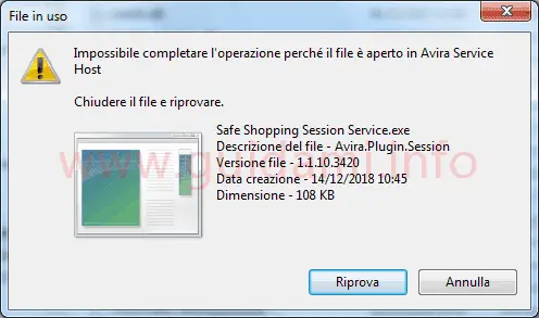 Windows Finestra errore File in uso perché aperto in Avira Service Host