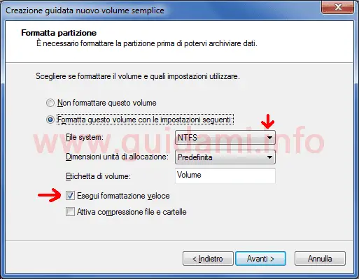 Windows Gestione disco Creazione guidata nuovo volume semplice
