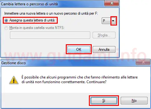 Windows Gestione disco indicare lettera unità e confermare cambio