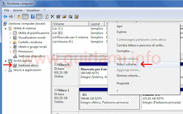 Windows Gestione disco opzione Riduci volume