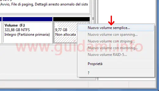 Windows Gestione disco opzione menu Nuovo volume semplice