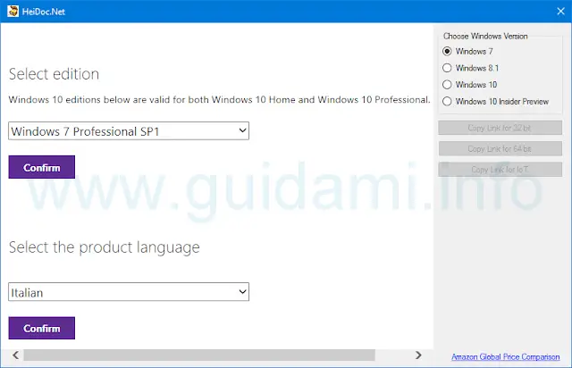 Windows ISO Downloader indicare versione, edizione, lingua