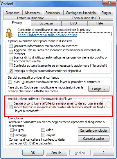 Windows Media Player disattivare programma analisi utilizzo software Windows