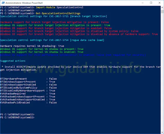 Windows PowerShell con script Microsoft per verificare vulnerabilità CPU