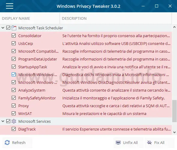 Windows Privacy Tweaker interfaccia