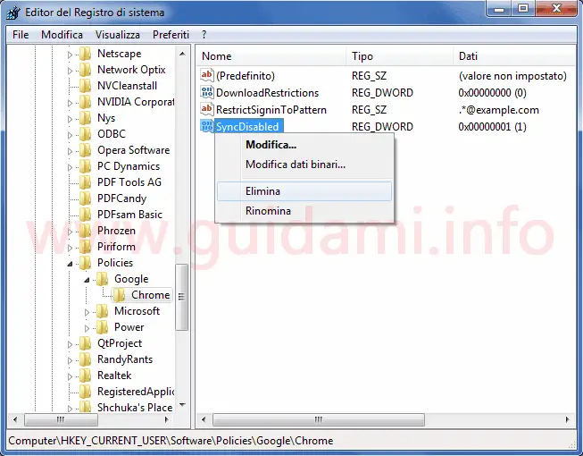 Windows Editor del Registro di sistema