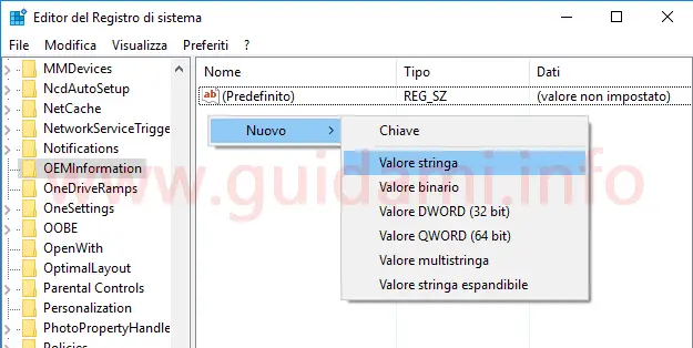 Windows Registro di sistema aggiungere nuovo valore stringa