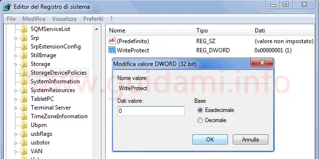 Windows Registro di sistema modifica dati valore WriteProtect