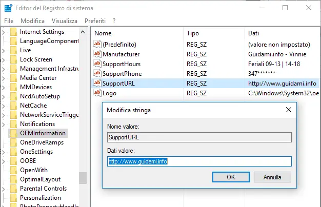 Windows Registro di sistema modificare dati valore stringa