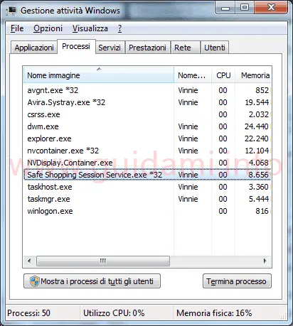 Windows Task Manager processo Safe Shopping Service 32