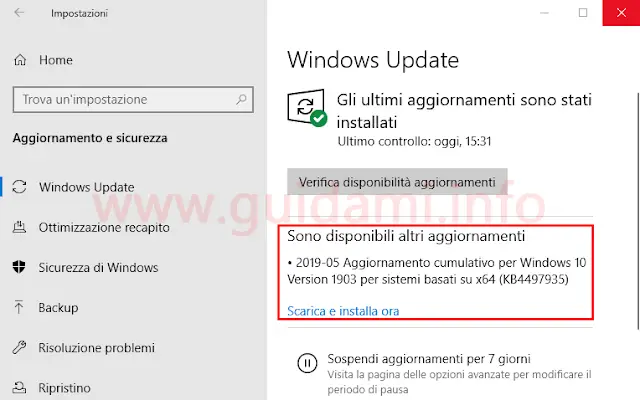 Windows Update in Windows 10 1903 notifica Sono disponibili altri aggiornamenti