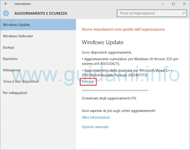 Windows Update Windows 10 Dettagli aggiornamento