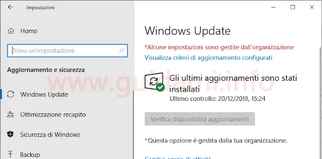 Windows Update Windows 10 con disattivato il pulsante Verifica disponibilità aggiornamenti