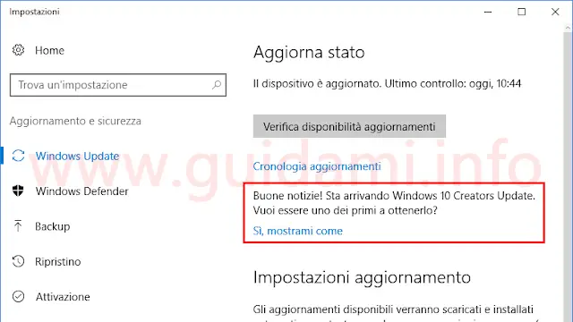 Windows Update Windows 10 messaggio Buone notizie sta arrivando Creators Update