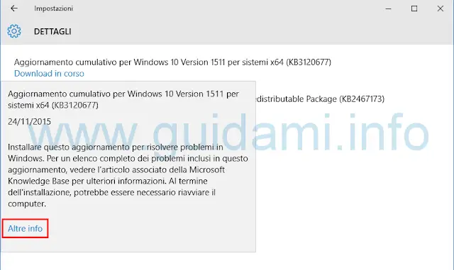 Windows Update Windows 10 schermata e Dettagli aggiornamento