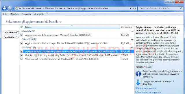 Windows Update aggiornamento cumulativo Windows 7