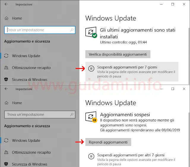 Windows Update in Windows 10 1903 pulsante Sospendi aggiornamenti per 7 giorni