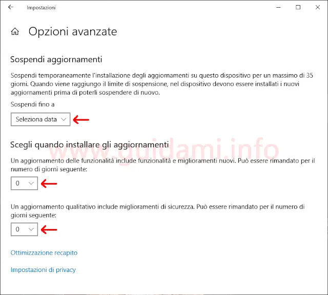 Windows Update in Windows 10 1903 schermata Opzioni avanzate
