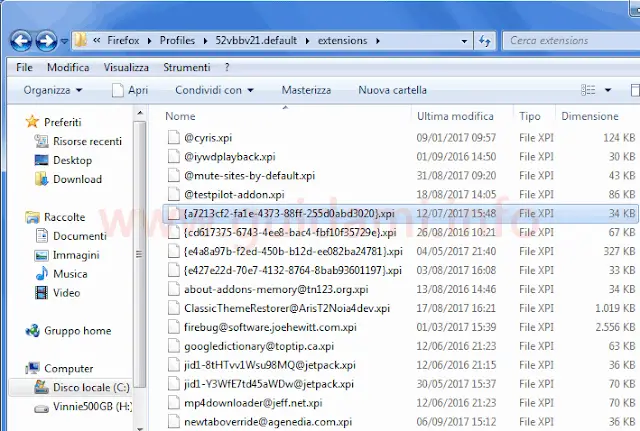 Windows cartella delle estensioni installate su Firefox