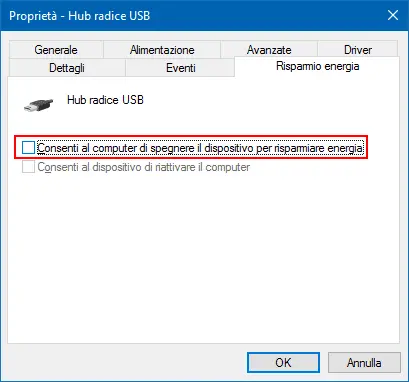 Windows disattivare opzione Consenti computer spegnere dispositivo