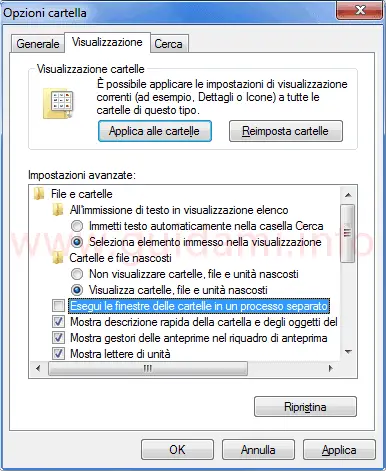 Windows disattivare opzione Esegui finestre processo separato