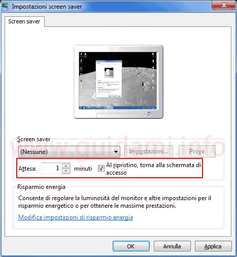 Windows finestra Screensaver opzione al ripristino torna a schermata di accesso