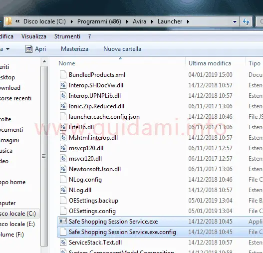 Windows finestra cartella Avira Launcher con file Safe Shopping Service