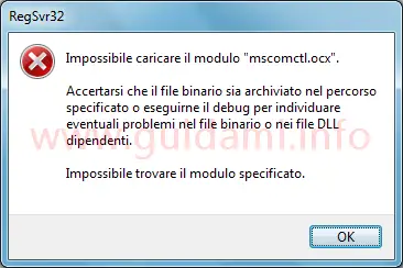 Windows finestra errore Impossibile caricare il modulo mscomctl.ocx