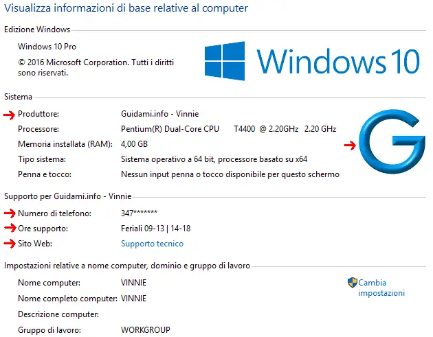 Windows finestra informazioni di sistema modificata da registro di sistema