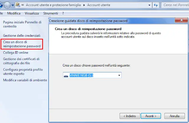 Windows procedura crea disco reimpostazione password