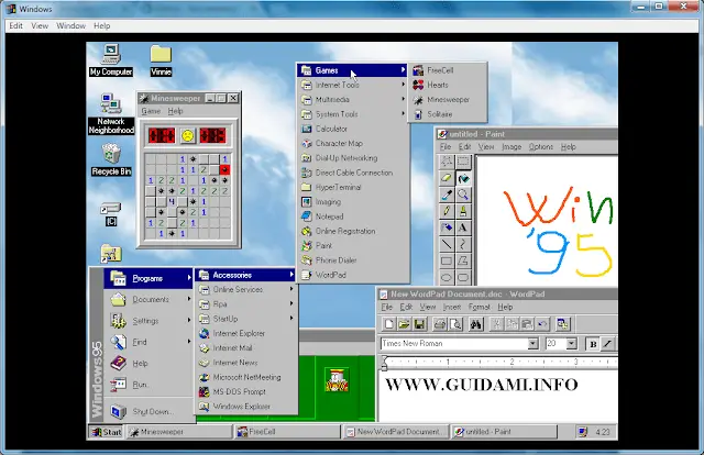 Windows95 desktop con aperto menu Start e alcuni programmi