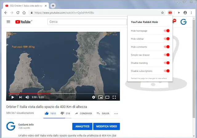 Pagina video YouTube modificata da YouTube Rabbit Hole estensione per Google Chrome
