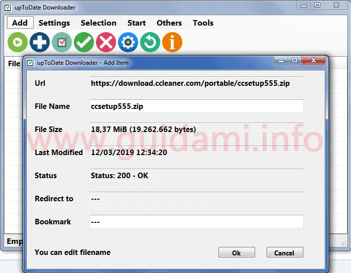 upToDate Downloader finestra Add item per aggiungere link download programma